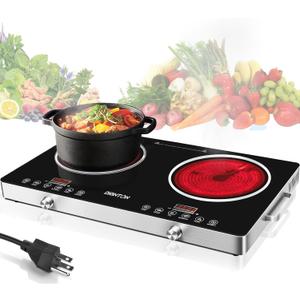 2 Burner Electric Cooktop, 3500W 110V Electric Double Burner with 4H Timer, Adjustable Temperature for Countertop Cooking, Portable Stove Top Infrared Cooker, Compatible for All Cookwares