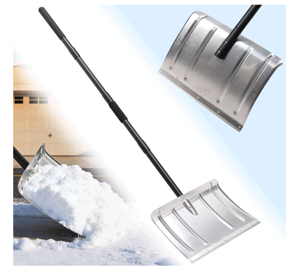 Snow Shovel with Metal Strip, Heavy Duty 16” Wide Aluminum Metal Snow Shovel Pusher for Driveway,Lightweight Emergency Car Snow Shovels for Walkway,Decking,Deck, Driveway