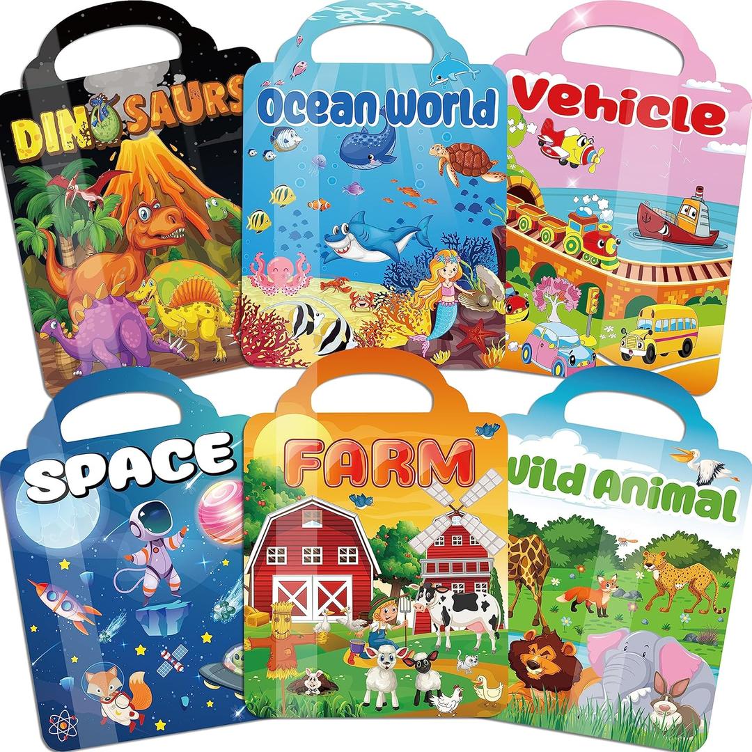 6Set Puffy Sticker Books for Kids 2-4, 3D Reusable Stickers Books for Toddlers 1-3 2-4,Farm+Animal+Dinosaurs+Ocean World+Space+Vehicle