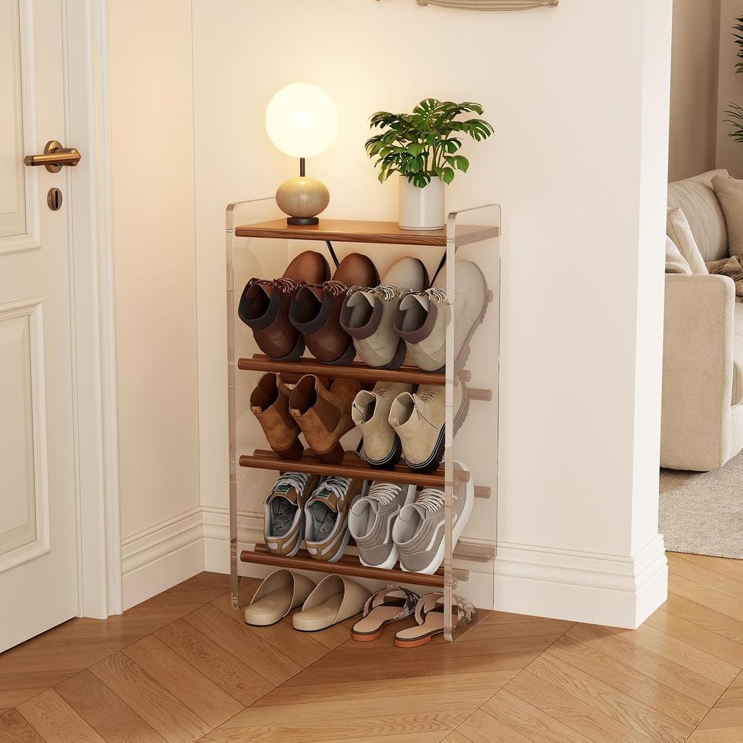 4‑Tier Shoe Rack, Solid Wood and Acrylic, Walnut, 19.5" W