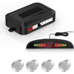 EKYLIN Car Auto Vehicle Reverse Backup Radar System with 4 Parking Sensors Distance Detection + LED Distance Display + Sound Warning (Silver Color)