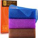 UJFQBH 3 Pieces African Bath Sponge African Net Long Net Bath Sponge Exfoliating Shower Body Scrubber Back Scrubber Skin Smoother,Great for Daily Use (Brown, Blue, Purple)
