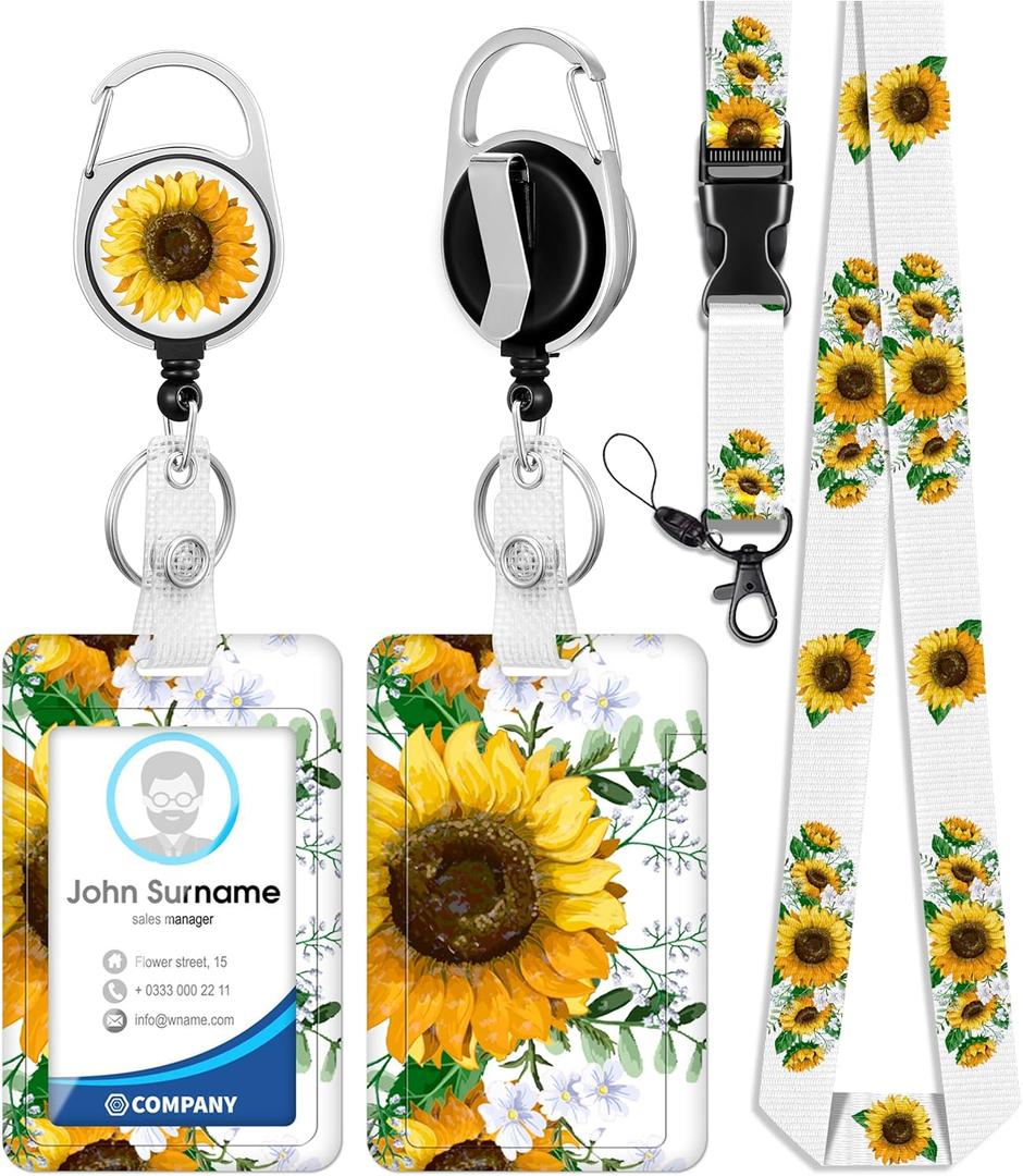 ID Badge Holder with Lanyard and Retractable Badge Reel Clip, Aesthetic Sunflower Card Name Tag Lanyard Vertical ID Protector Bage Clips for Nurse Nursing Doctor Teacher Student