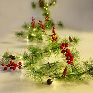 Christmas Garland Lights 6.56 FT Smokey Pine Garland with 30 LED Fairy Lights Battery Operated Garland Lights with Red Berries Bells Pine Cones Christmas Indoor Home Decorations