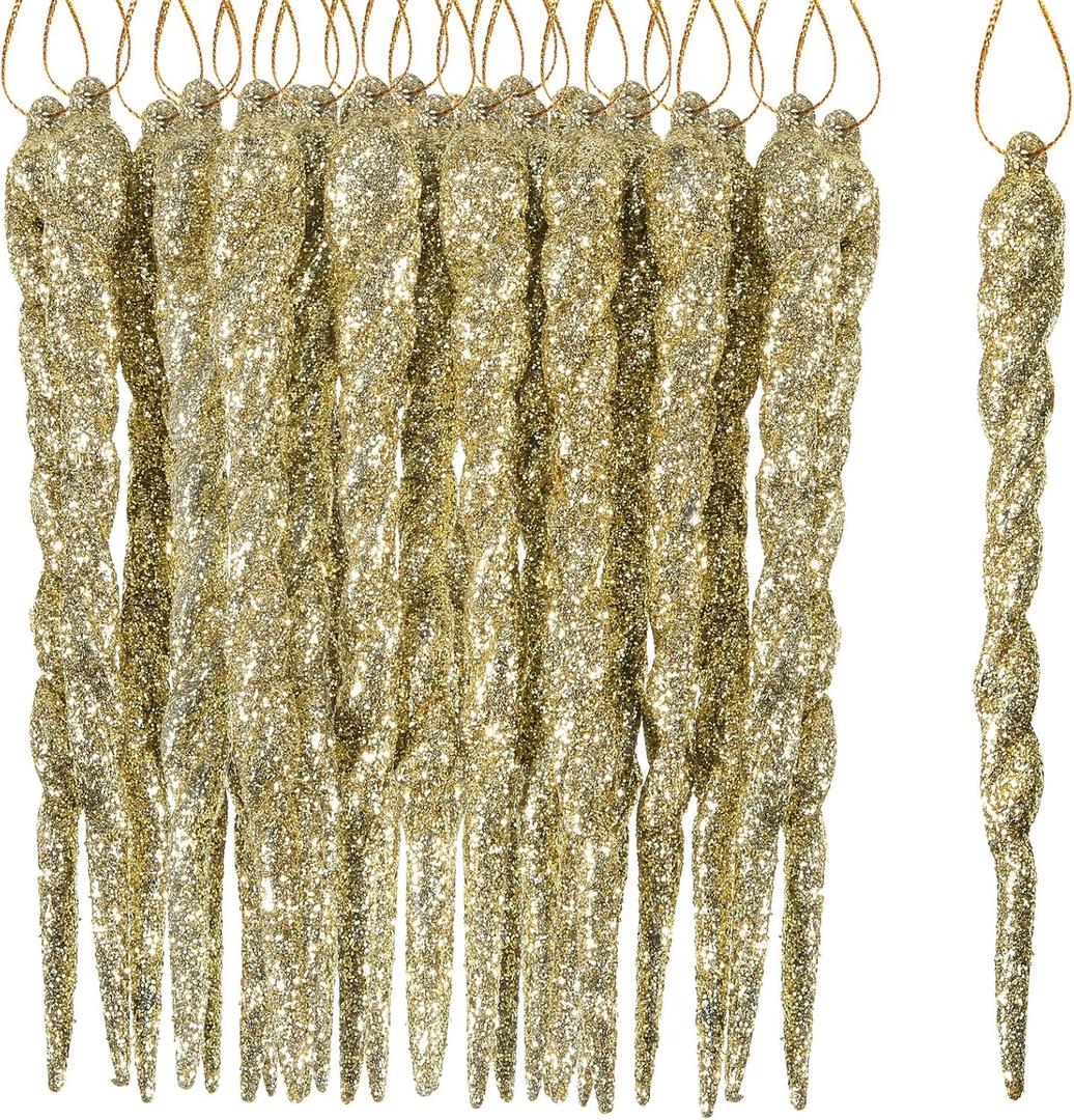 Aoriher 40 Pieces Glitter Icicle Ornaments Twisted Hanging Winter Tree Ornaments Shiny Large Plastic Dropping Crystal Icicles for Christmas Tree Home Door Decors(Gold)