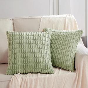2 Packs Sage Green Decorative Throw Pillow Covers 18x18 Inch for Living Room Couch Bed Sofa, Rustic Farmhouse Boho Home Decor Soft Plush Striped Corduroy Square Cushion Case