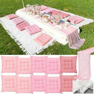 Extra Large Outdoor Picnic Blanket with Table Runner and Floor Pillow Cushion for Picnic Wedding Birthday Baby Shower Backyard Decor(71 x 118'',Pink,12 Pcs)
