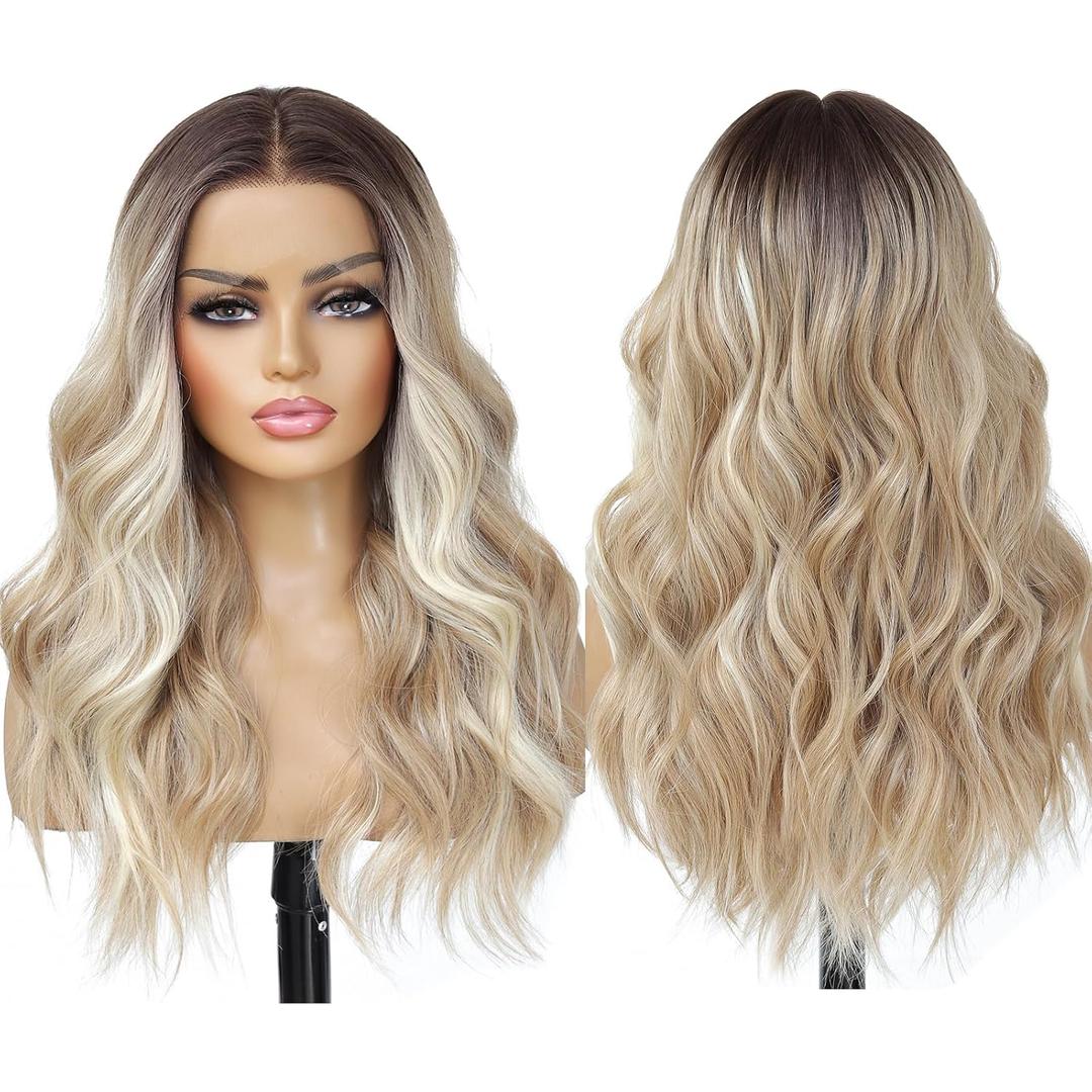 Ash Blonde Balayage Blonde Lace Front Wig, Middle Part 20 Inch HD Lace Wig, Dark Brown to Golden Blonde Highlight M Hairline Natural Fit Natural Wavy Ombre Synthetic Heat Resistant Fiber