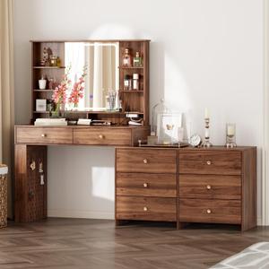 Makeup Vanity Desk with Mirror and Lights, Vanity Desk with 8 Drawers & Storage Shelves, Vanity Table with Power Outlet, 3 Color Modes & Adjustable Brightness Dressing Table, Bedroom, Brown (15.75D*40-68W*55.91H)