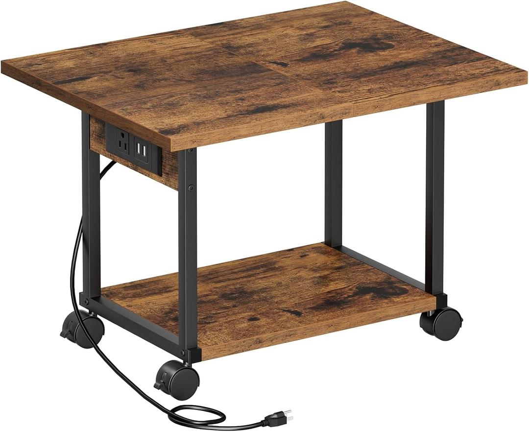 Printer Table, 2-Tier Under Desk Printer Stand with Charging Station, Printer Stand with Wheels, Printer Shelf for Small Spaces, PrinterCart for Home Office Rustic Brown