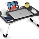 Foldable Laptop Table, Portable Lap Desk Bed Table Tray, Laptop Stand with Cup Holder & Tablet Slot & Lifting Handle for Working Writing Drawing & Eating (Black