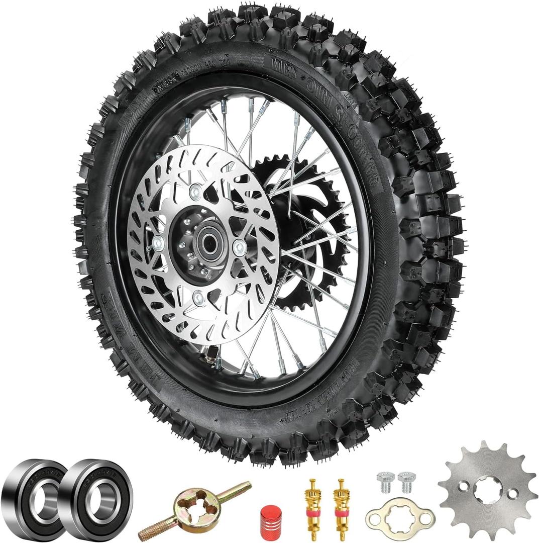 XIKOBY 12" Rear Wheel 80/ 100-12 3.00-12 Dirt Bike Tire Rim Assembly Compatible with 110cc 125cc SSR SR125 CRF70 CRF110F KX65 KLX110 KLX110L TTR90 TTR110 PW80 JR80 Baja DR70 Off Road Pit Bike Parts