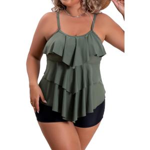 B2prity Women Plus Size Tankini Swimsuits Tummy Control Two Piece Bathing Suit Ruffled Flounce Swimwear with Shorts (XX-Large, 05)
