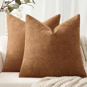 ANRODUO Pack of 2 Decorative Textured Throw Pillow Covers Soft Bronze Euro Square Accent Solid Chenille Cushion Cover Cozy Farmhouse Pillow Case for Couch Sofa Bed Living Room Home Decor 24x24 Inch