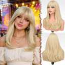 FESHFEN Long Wigs with Bangs, Synthetic Natural Looking Layered Straight Hair Wig for Women Daily Party Use 18 inch, Platinum Blonde