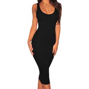 Women's Sexy Bodycon Tank Dresses Sleeveless Ribbed Knit Midi Club Dresses (Black, M)