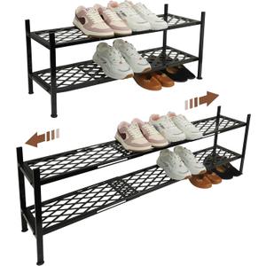 Shoe Rack, Expandable Shoes Organizer Metal Shelf Stand, 2 Tier Stackable Long Shoe Storage Holder For Closet, Floor, Entryway, Garage, Bedroom, Door Entrance For 12-18 Pairs, 45.6 inches Black
