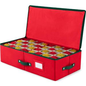 ZOBER Underbed Christmas Ornament Storage Box - Stores 64 3" Ornaments, With Dividers - Tear Proof 600D Oxford Fabric, Ornament Organizer Storage Box, Durable Christmas Containers Holder - Red