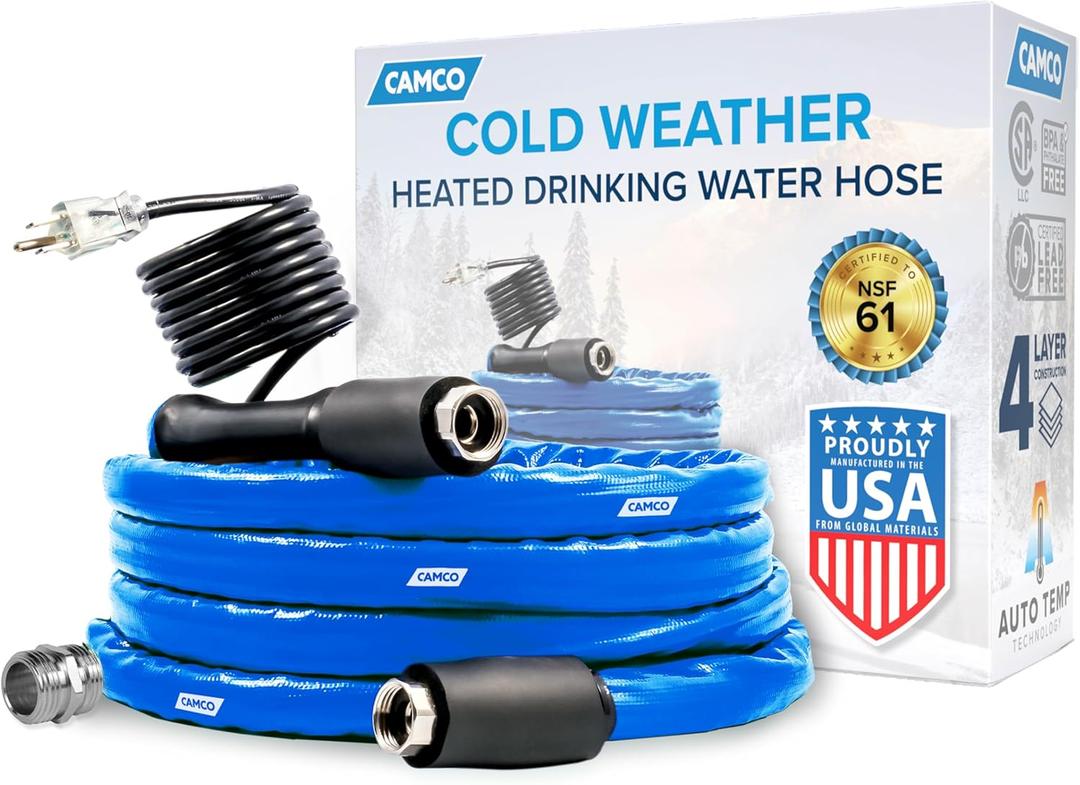 Camco 12-Ft Heated Water Hose for RV - Water Line Freeze Protection Down to -20F/-28C - Features Energy-Saving Thermostat & Includes Adapter for Connection to Either End of Hose (22910)