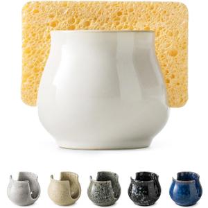 Sponge Holder for Kitchen Sink Counter, Ceramic Dish Sponge Caddy White Sink Organizer Dish Rack Farmhouse Brush Holder for Bathroom, Kitchen, White (Barrel-type)