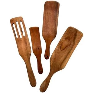 SHAFA IMPEX Spurtle Wooden Kitchen Utensil Set, Acacia Spurtle Kitchen Sets Non-Stick Wooden Cooking Utensils Wooden Spatula Slotted Spurtle Spatula Sets For Stirring (4-Piece)
