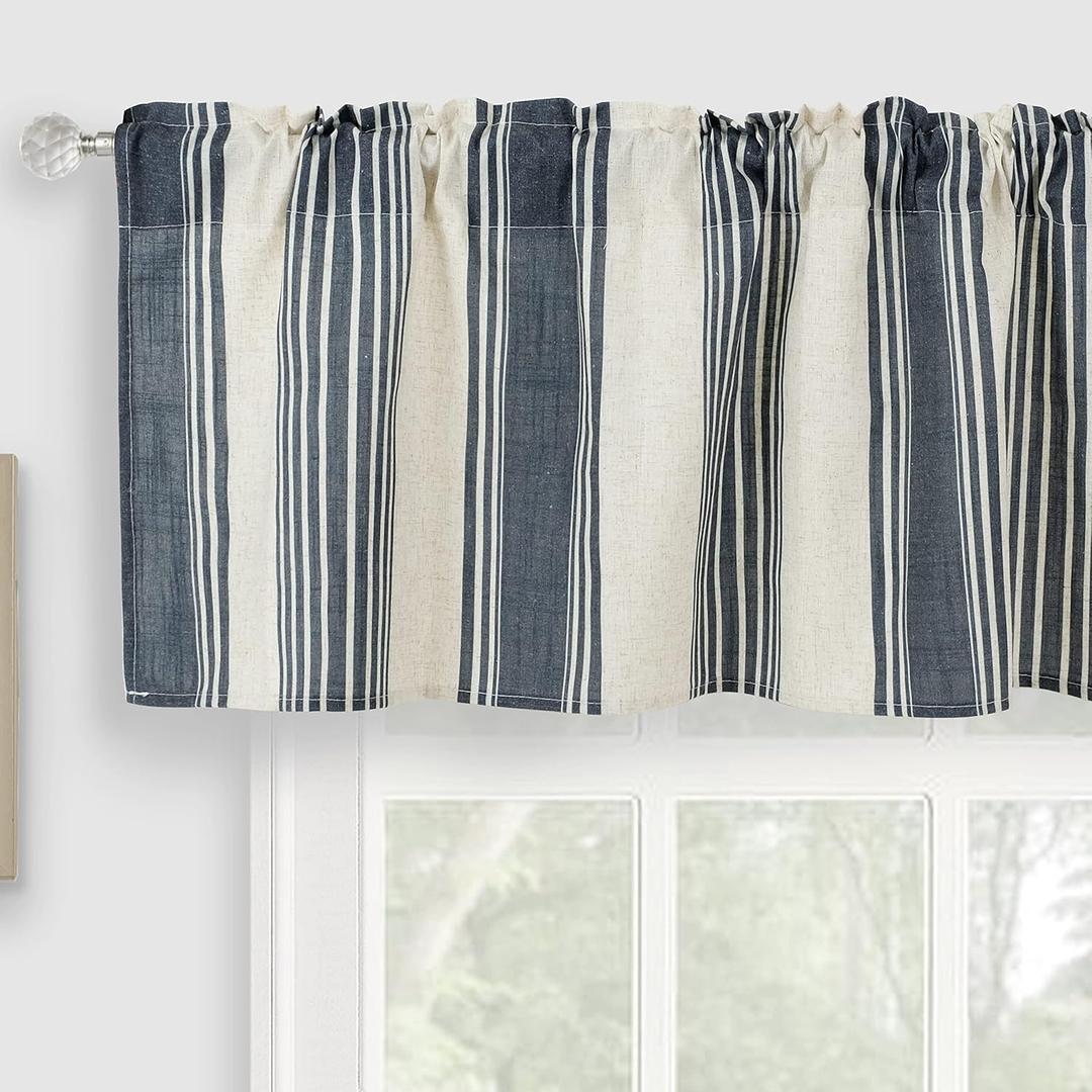 Vertical Striped Pattern Dark Blue Linen Valance for Windows, Farmhouse Geo Rod Pocket Short Curtains Valance for Kitchen Cafe Living Room Bathroom 54" x 18" Navy