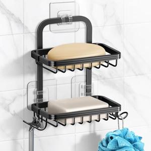 2 Tier Soap Bar Holder for Shower, Aluminum Wall Mounted Rustproof Soap Holder with 4 Hooks and Razor Holder, Shower Rack Soap Tray Bar Soap for Bathroom Accessories Organizer Black