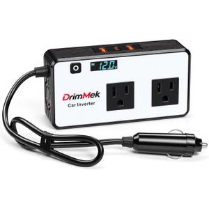 DrimMek 200W Car Power Inverter, Car Plug Adapter Outlet 12V to 110V Converter with 24W USB Fast Charging Port, Dual AC Outlet for Laptop, Vehicles, Camping (LED Display)