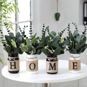 4 Pcs Christmas Decor for Home Christmas Artificial Eucalyptus Mason Jar Centerpiece for Table with Artificial Floral Arrangement Tiered Tray Decor for Winter Office Farmhouse Kitchen Table Home
