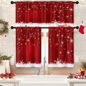 Tayney Christmas Kitchen Window Curtains and Valances Set 36 Inch Snowflakes Red Snow Short Tier Curtains, Winter Xmas Small Kitchen Decor