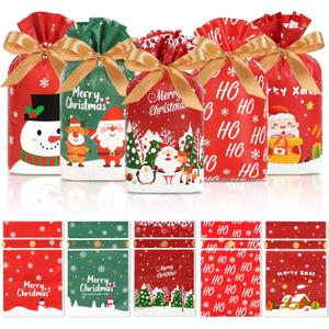 HRX Package 50pcs Christmas Treat Bags Drawstring, 5.8x9x2.4inch Small Christmas Gift Bags for Holiday Goodie Candy Cookie gift giving (Red Green)