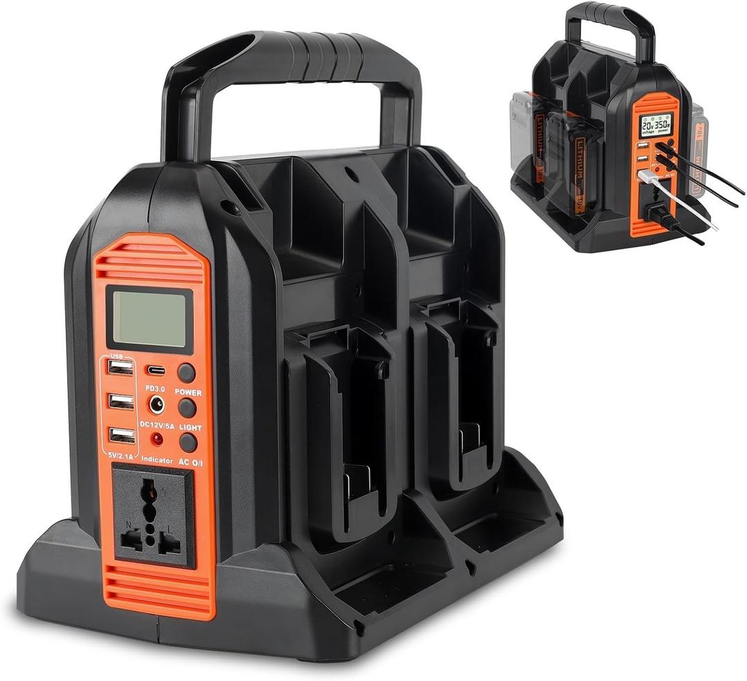 DC 20V to AC 120V Power Inverter for Black and Decker 20V Battery, 350W Pure Sine Wave Power Portable Inverter Converter with LCD Display and LED Light, 4 Battery Port