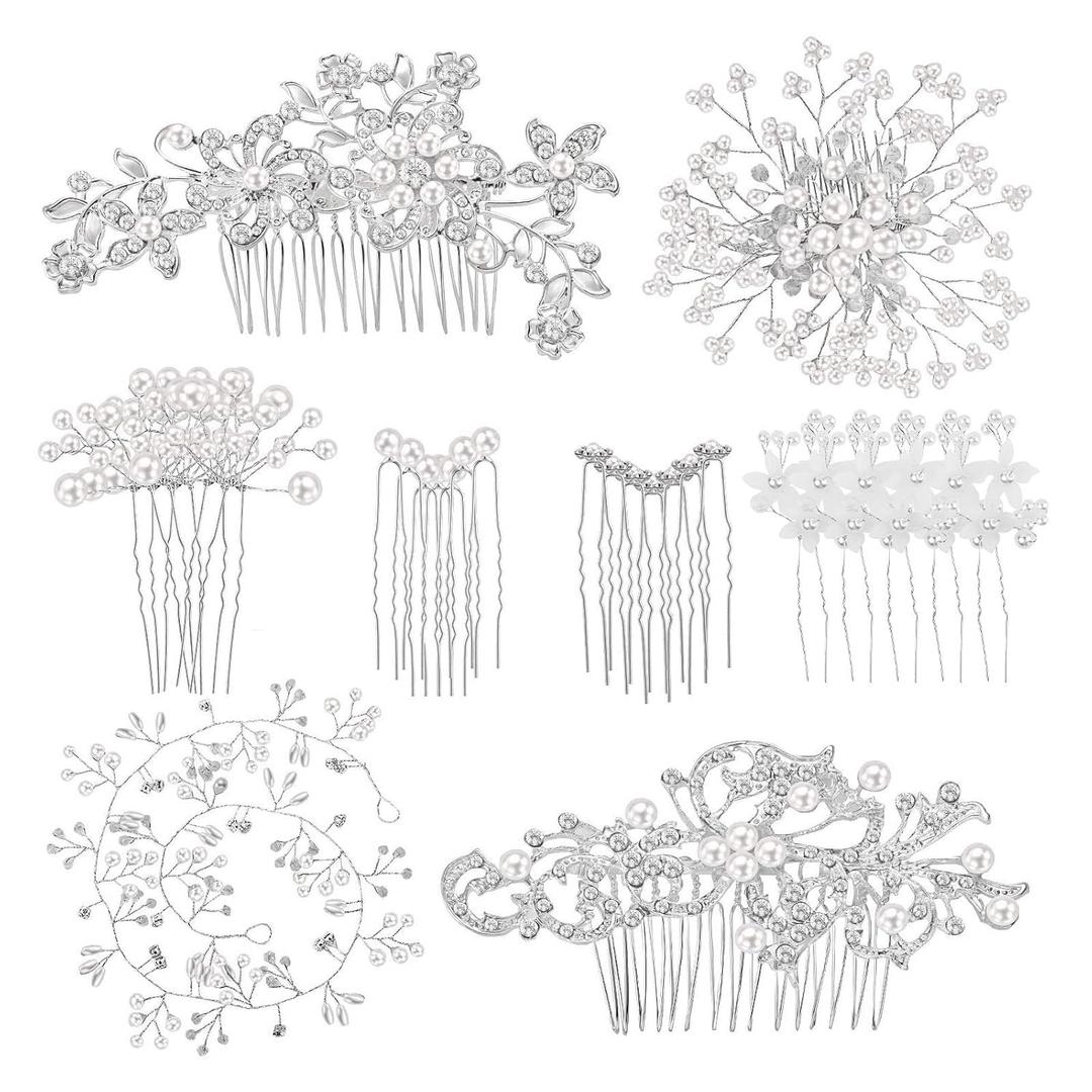 Maitys 44 Pieces Wedding Hair Accessories Faux Pearl Crystal Comb Clips U-shaped Flower Rhinestone Silver Pearl Hair Pieces for Prom Bride Bridesmaid (Classic Style)