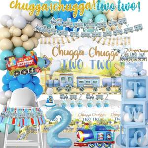 Chugga Chugga Two Two Party DecorationsTrain 2nd Birthday Party Supplies for Boys Include Backdrop, Banner, Balloon , Tablecloth, Cake Topper, Boxes, Cake Topper