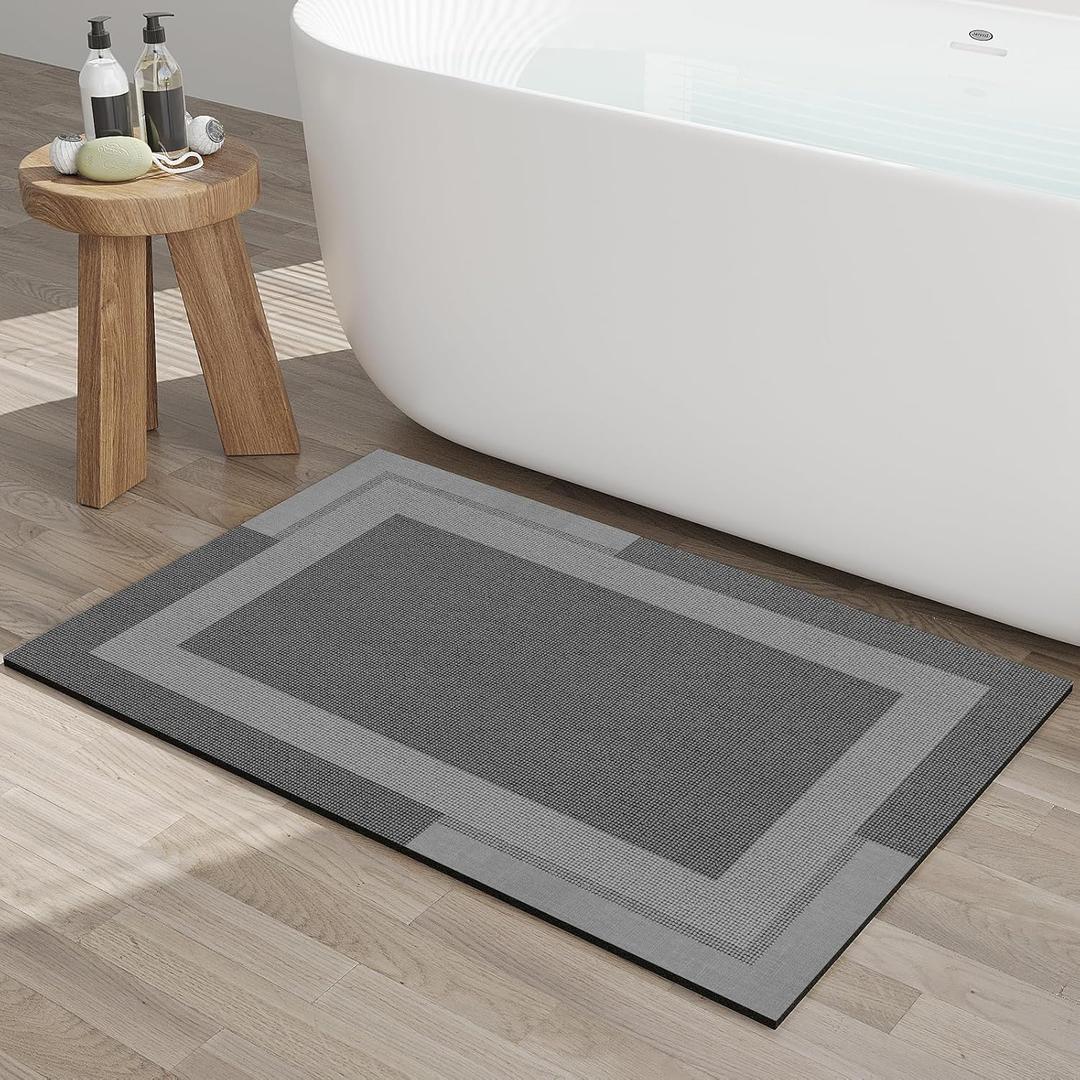 YDKGL Non Slip Bath Mat, Rubber Backing Ultra Thin Bathroom Rugs Fit Under Door Quick Dry Super Absorbent Washable Bath Rug Shower Mat for Bathroom Floor Bathtub Sink, Easy Care Dark Grey 24"x 35"