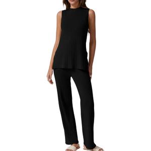 QINSEN Lounge Sets for Women Two Piece Outfits Knit Sleeveless Vented Hemline Tops Wide Leg Pants Sweater Sets (Black, L)