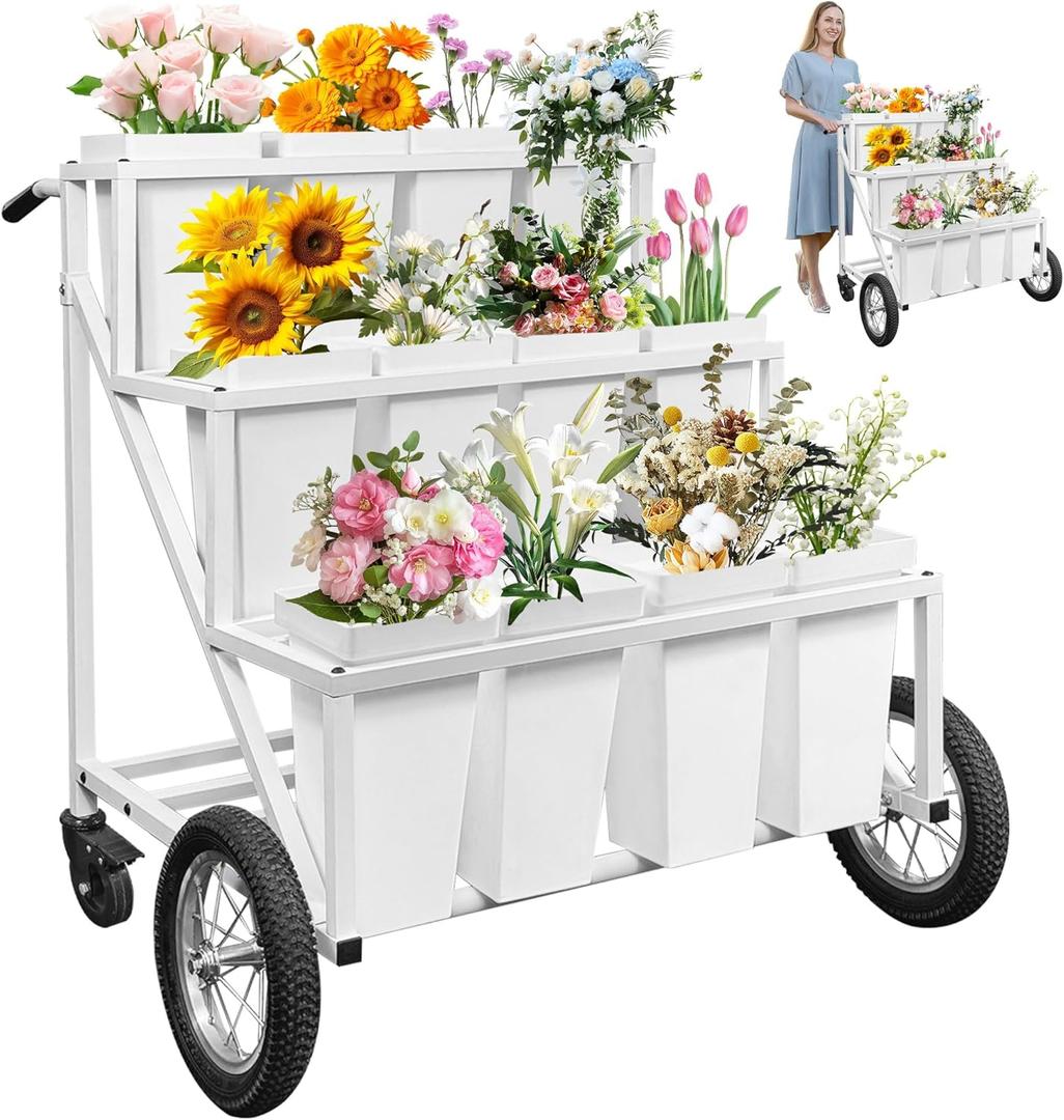 PROLEE Flower Stand, Flower Display Stand with Large Wheels, Flower Cart with 12 Buckets, Flower Cart for Wedding and Parties, White