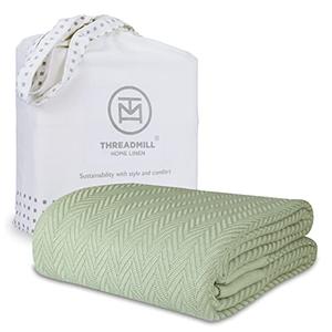 Threadmill Luxury Cotton King Size Blanket | All-Season Cozy Cotton Blankets for King Size Bed | Herringbone Soft Fall Thermal Blanket fits California King Size Bed 106 x 92 | Sage Green