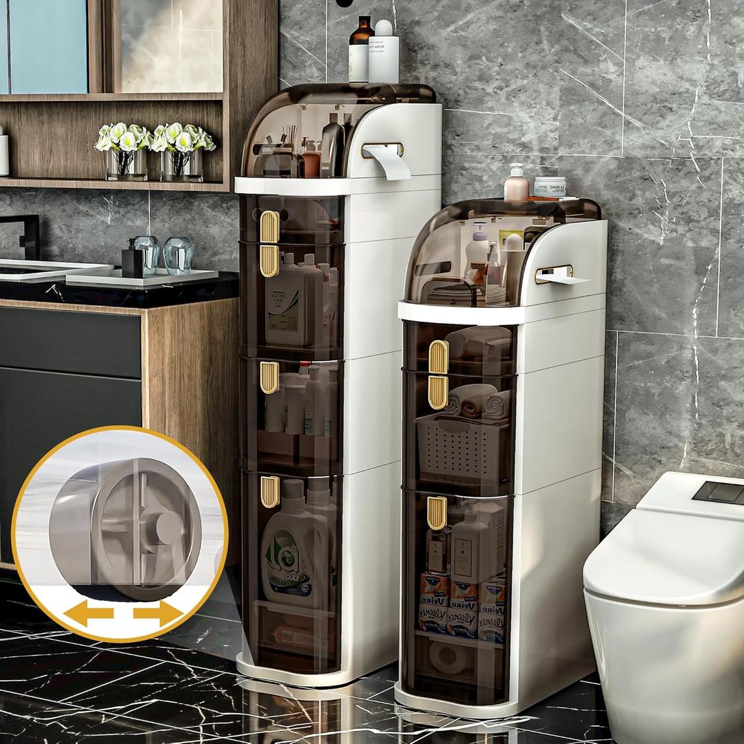 3-Tiers Slim Bathroom Storage Cabinet with Drawers & Tissue Box,Plastic Narrow Rolling Bathroom Tower Cart Waterproof & No Installation for Small Spaces Kitchen Laundry Living Room