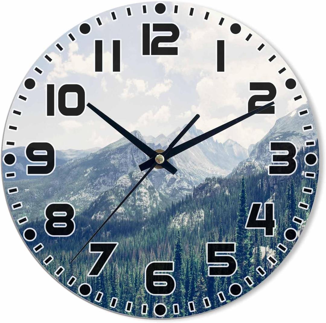 Mountain Peaks Wall Clock 10 inch Round Rocky Mountains Under The Clouds Silent Non Ticking Wood Wall Clocks Battery Operated Decorative Wall Clock for Bedroom Kitchen Living Room Bathroom