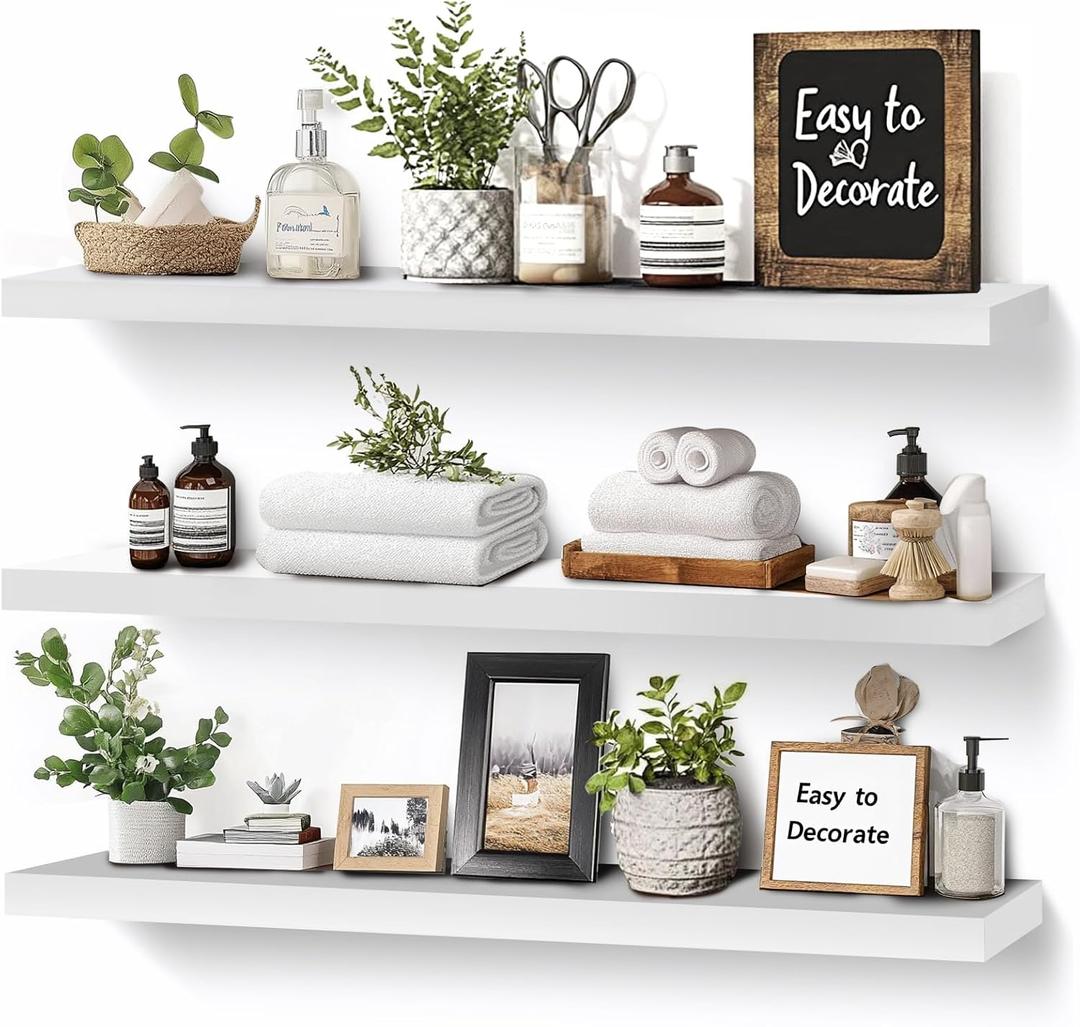 3-Pack Floating Wall Shelves, 24-Inch Rustic White Wooden Shelves for Storage and Dcor, Easy Installation for Living Room, Bedroom, and Kitchen, 24"-set of 3