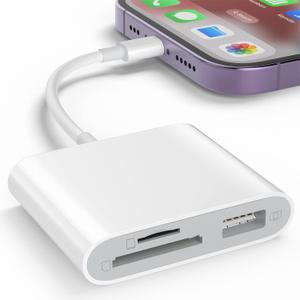SD Card Reader for iPhone, Memory Card Reader with USB Camera Adapter Plug and Play Trail Game Camera Viewer Supports SD and TF Card MicroSD Card Adapter for iPad No App Required (White (SD+TF+USB for Lightning))