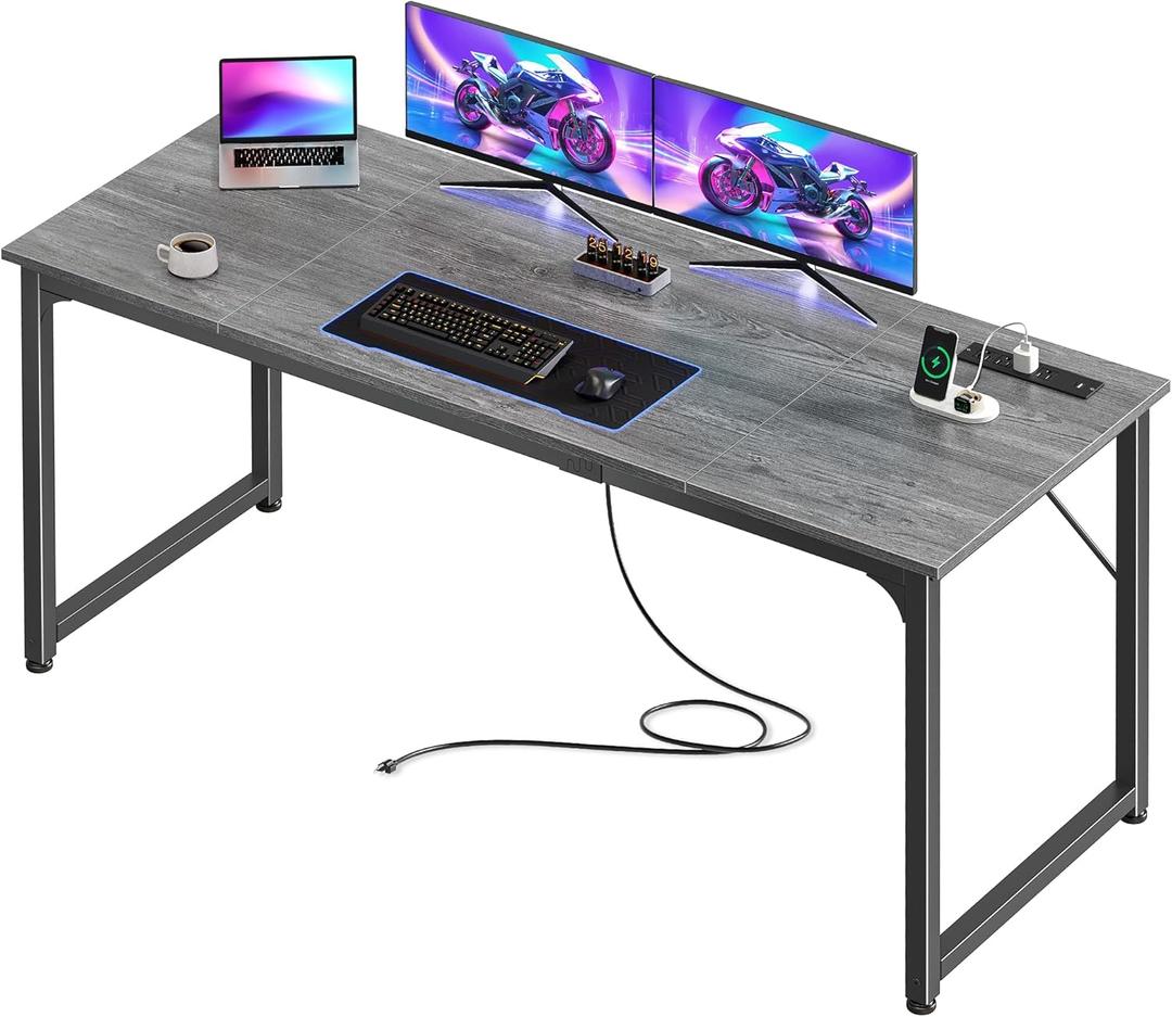 PRAISUN 63 X 24 Inch Office Computer Desk with Power Outlets and USB-C Port, Larger and Longer Gaming Desk, for Home Office, Study, Writing Work from Home Table, Metal Frame, Grey