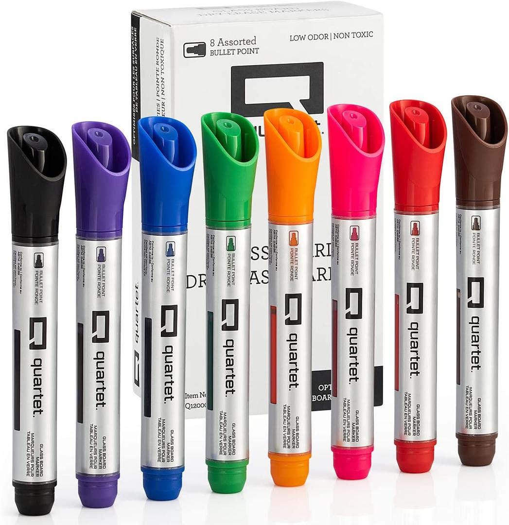 Quartet Dry Erase Markers, Glass Whiteboard Markers, Bullet Tip, White Board Dry Erase Pens for Teachers, Home, School & Office Supplies, Assorted Colors, 8 Pack (Q120000GBA)