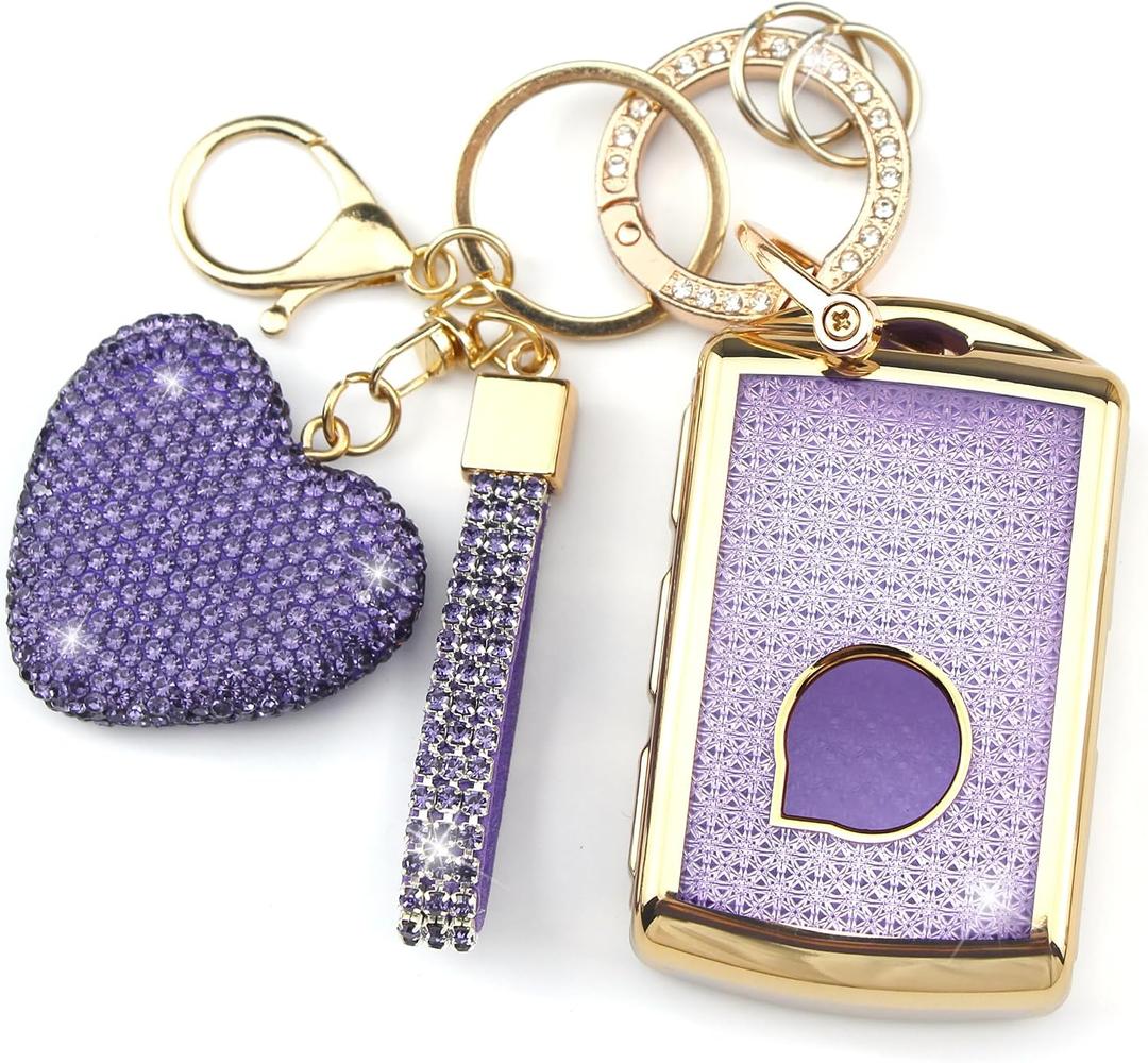 Key Fob Cover with Diamond Keychain Compatible with Volvo Car Key Holder Compatible with XC90, XC60, XC40, S60, S90, V60, V90, Polestar 1, Polestar 2 Key Protector for Women, (Purple-Heart)