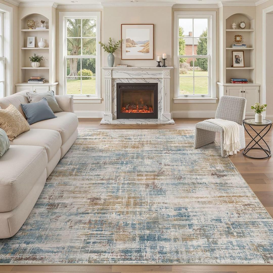 9x12 Area Rug for Living Room: Washable Large Neutral Abstract Carpet Modern Soft Low Pile Non-Slip for Bedroom Dining Room Home Office Nursery Kids Pets Friendly Indoor Floor Decor Blue Brown