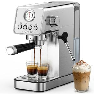 20 Bar Espresso Machine, Adjustable Espresso Machine with Milk Frother, Espresso Maker with Removable Water Tank, Compact Size for Home & Office, Cup Warmer for Home Barista (Brushed Stainless Steel)