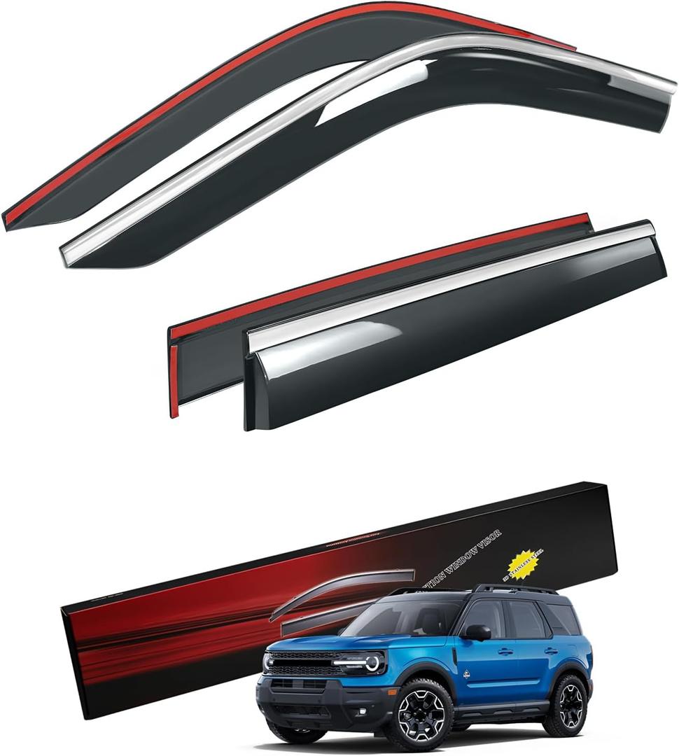 Sze Rain Guards Compatible with Ford Bronco Sport 2021-2025 Side Window Deflectors Anti-Rain Window Visors with Tape 304 Stainless Steel Trim All-Weather Protection Outside Channel-4pcs