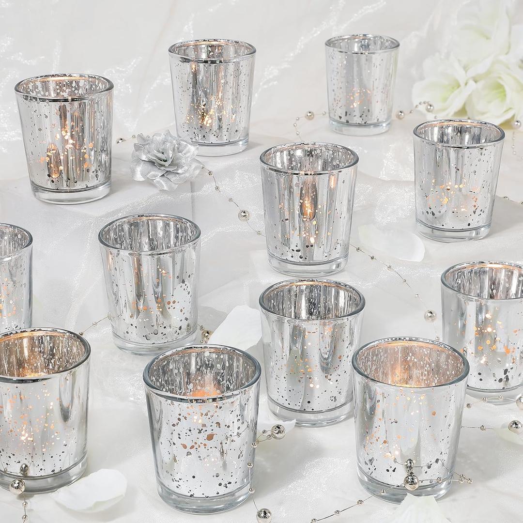 UPBUD Votive Candle Holders Set of 24, Speckled Mercury Silver Candle Holders for Wedding Centerpiece Table Decorations, Tealight Candle Holder for Party Bridal Shower Decor, Home Decor