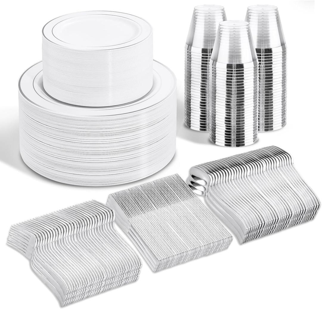 WELLIFE 600 Pcs Sliver Disposable Dinnerware for 100 Guests, Dinnerware Set of 100 Dinner Plates, 100 Salad Plates, 100 Spoons, 100 Forks, 100 Knives, 100 Cups